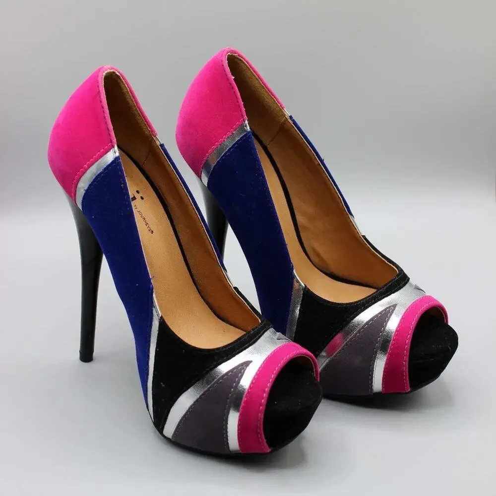Shi by Journeys Platform Peep Toe Velvet 5 Inch Heels Size 5.5 NWOT